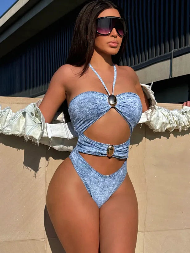 Maillot de bain une pièce dos nu imprimé denim