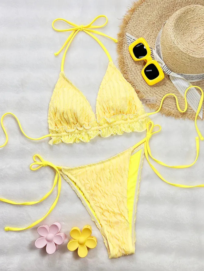 Nouveau bikini uni décolleté à volants