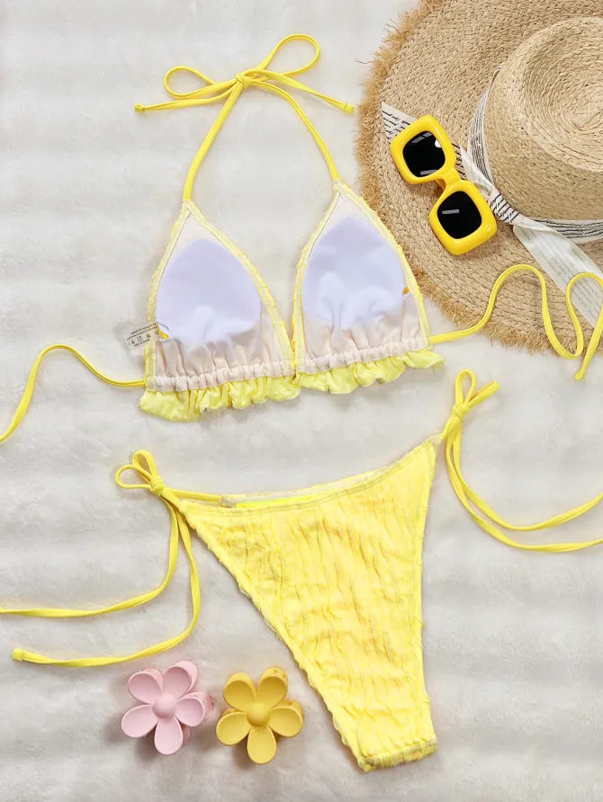Nouveau bikini uni décolleté à volants