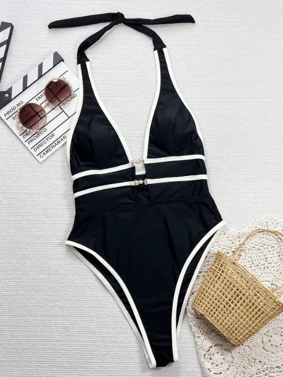 Maillot de bain une pièce color block noir et blanc