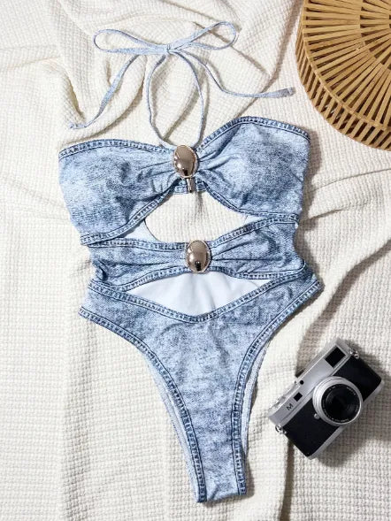 Maillot de bain une pièce dos nu imprimé denim