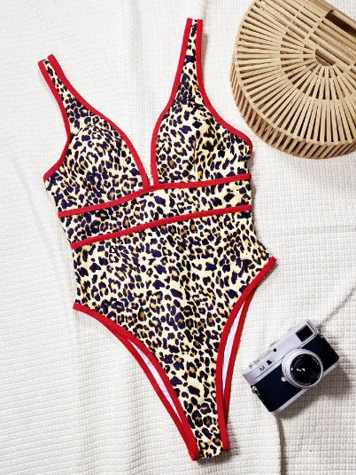 Maillot de bain une pièce léopard décolleté en V profond