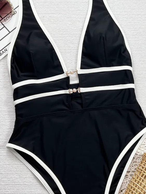 Maillot de bain une pièce color block noir et blanc