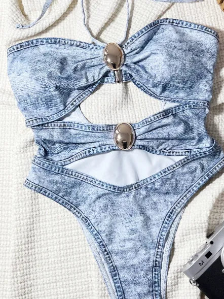 Maillot de bain une pièce dos nu imprimé denim