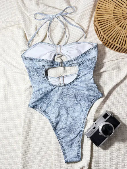 Maillot de bain une pièce dos nu imprimé denim